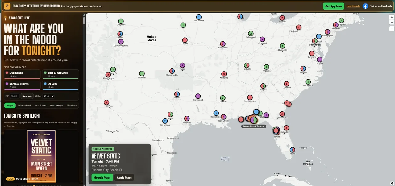StageCut Live on a laptop, set to Tonight: a map of the United States full of sample gig pins, the mood picker for live bands, solo and acoustic, karaoke and DJ sets, and a gig card for our sample band Velvet Static at Main Street Tavern with Google Maps and Apple Maps buttons.