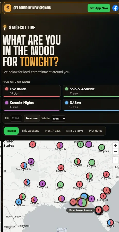 StageCut Live on a phone, set to Tonight: What are you in the mood for tonight, the four kinds of show, and a map full of sample gig pins, including our sample band Velvet Static at Main Street Tavern.